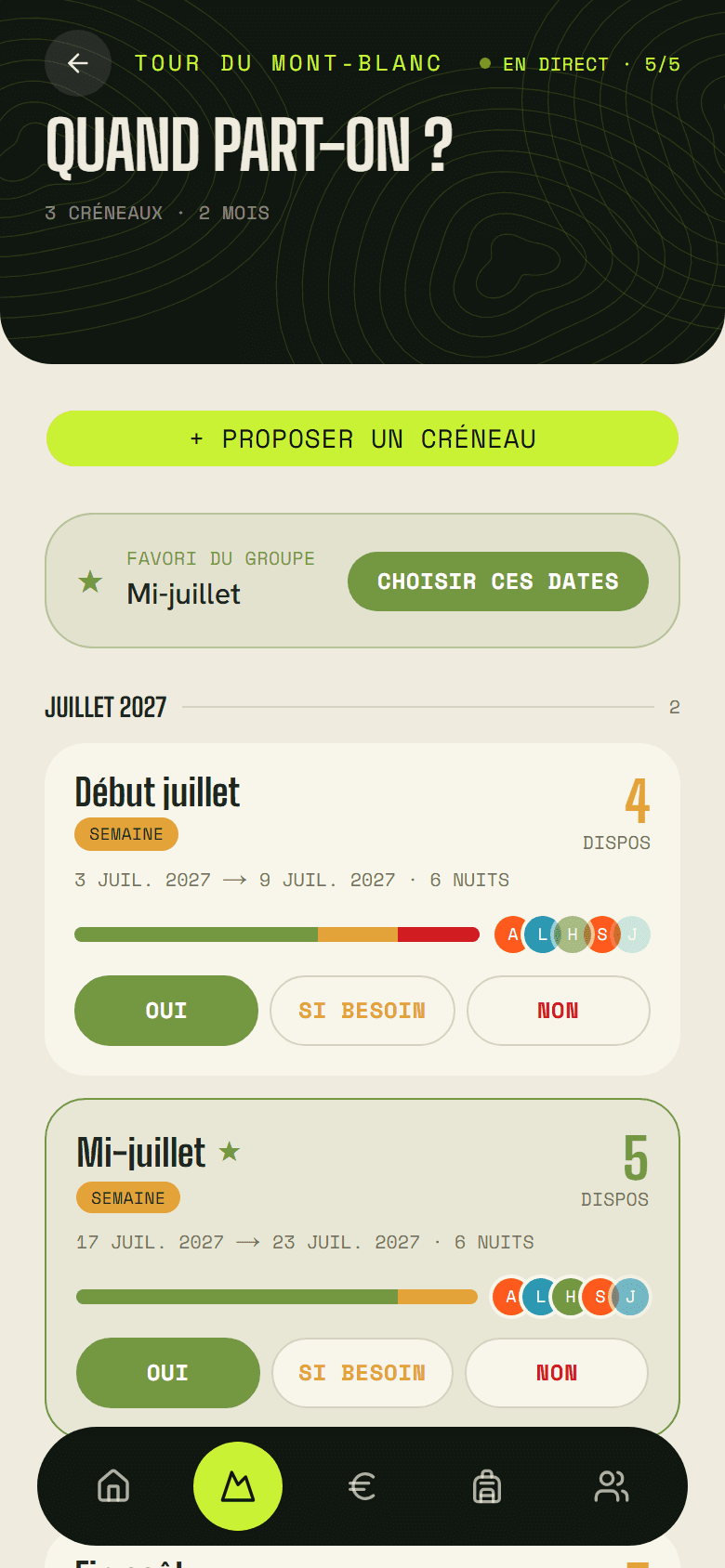 Le sondage de dates d'un voyage : trois créneaux et les réponses de chacun.