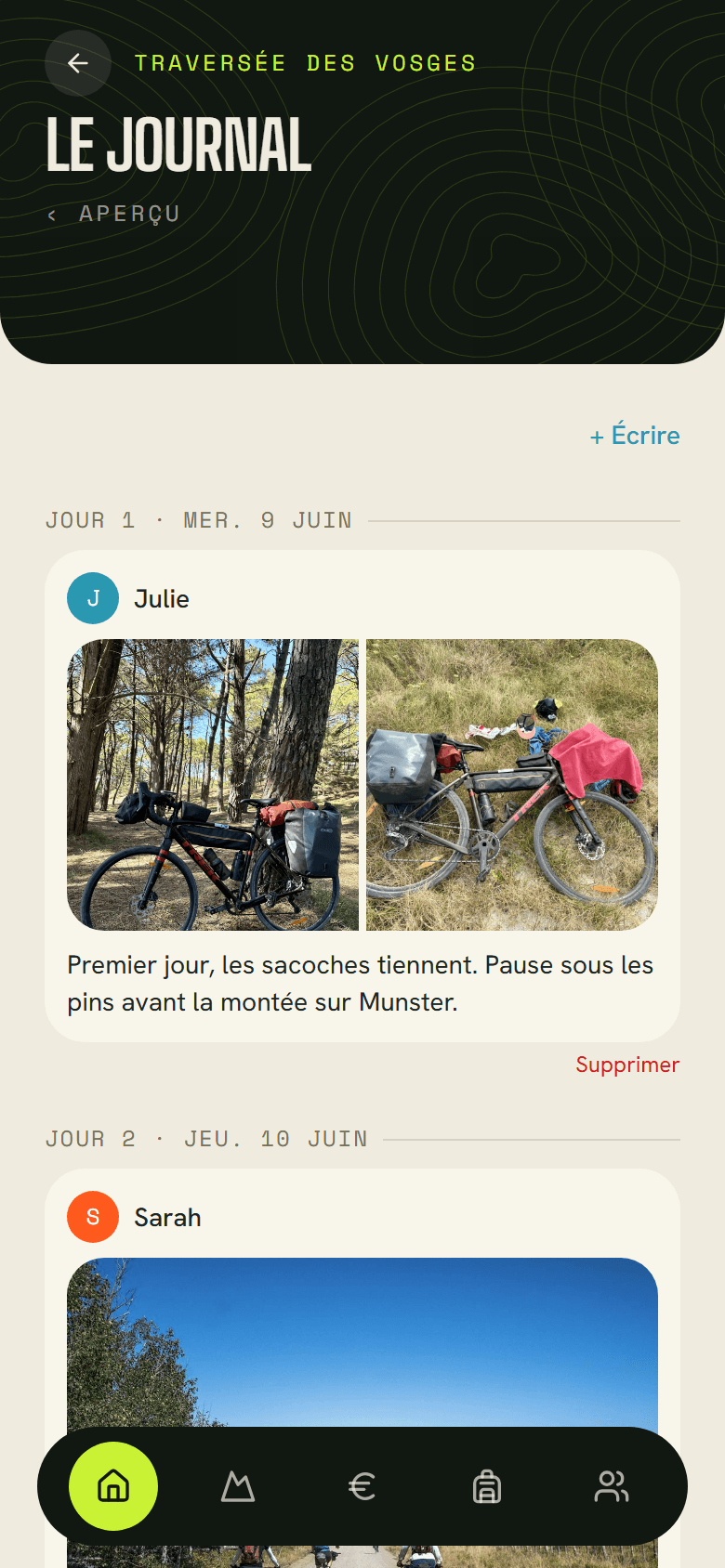 Le journal du voyage : des photos et quelques lignes écrites par les membres, jour par jour.