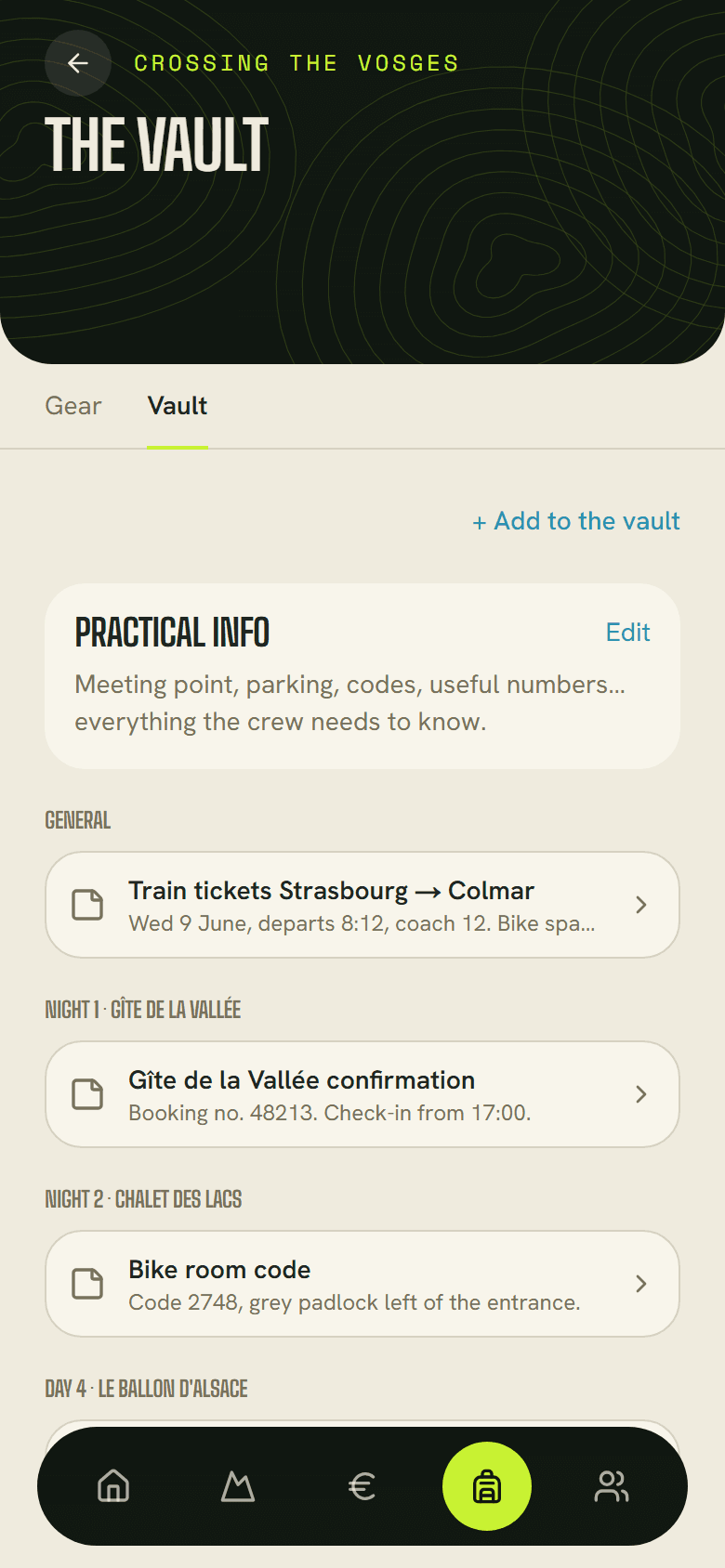A trip's vault: train tickets, a booking confirmation and an access code.