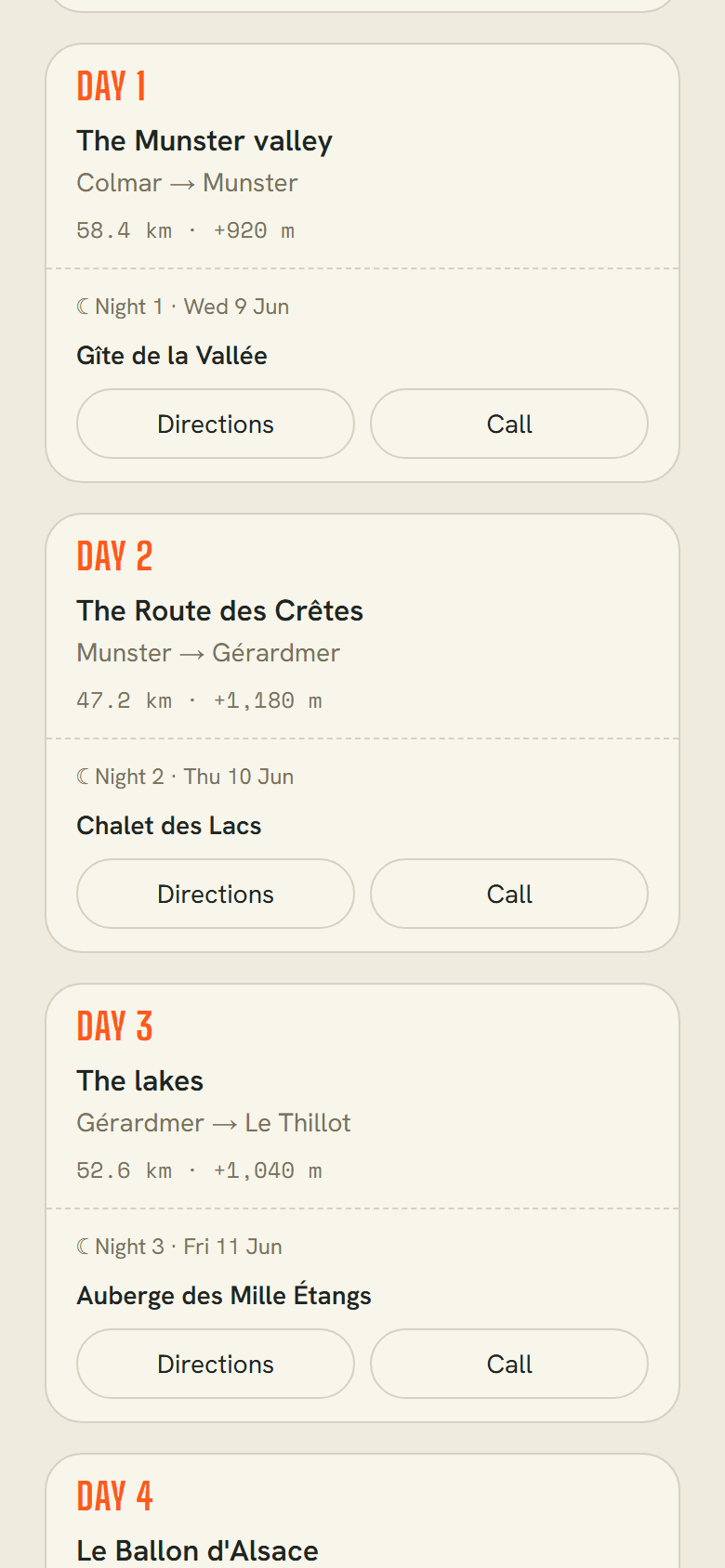 The trip notebook, readable without signal: today's stage and tonight's address.