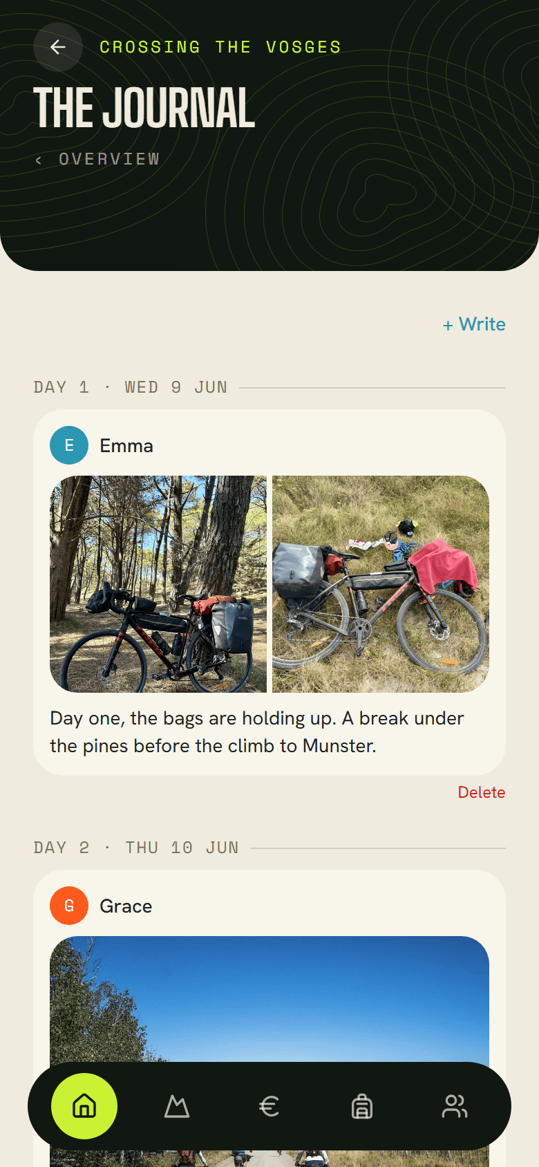 The trip journal: photos and a few lines written by the members, day by day.