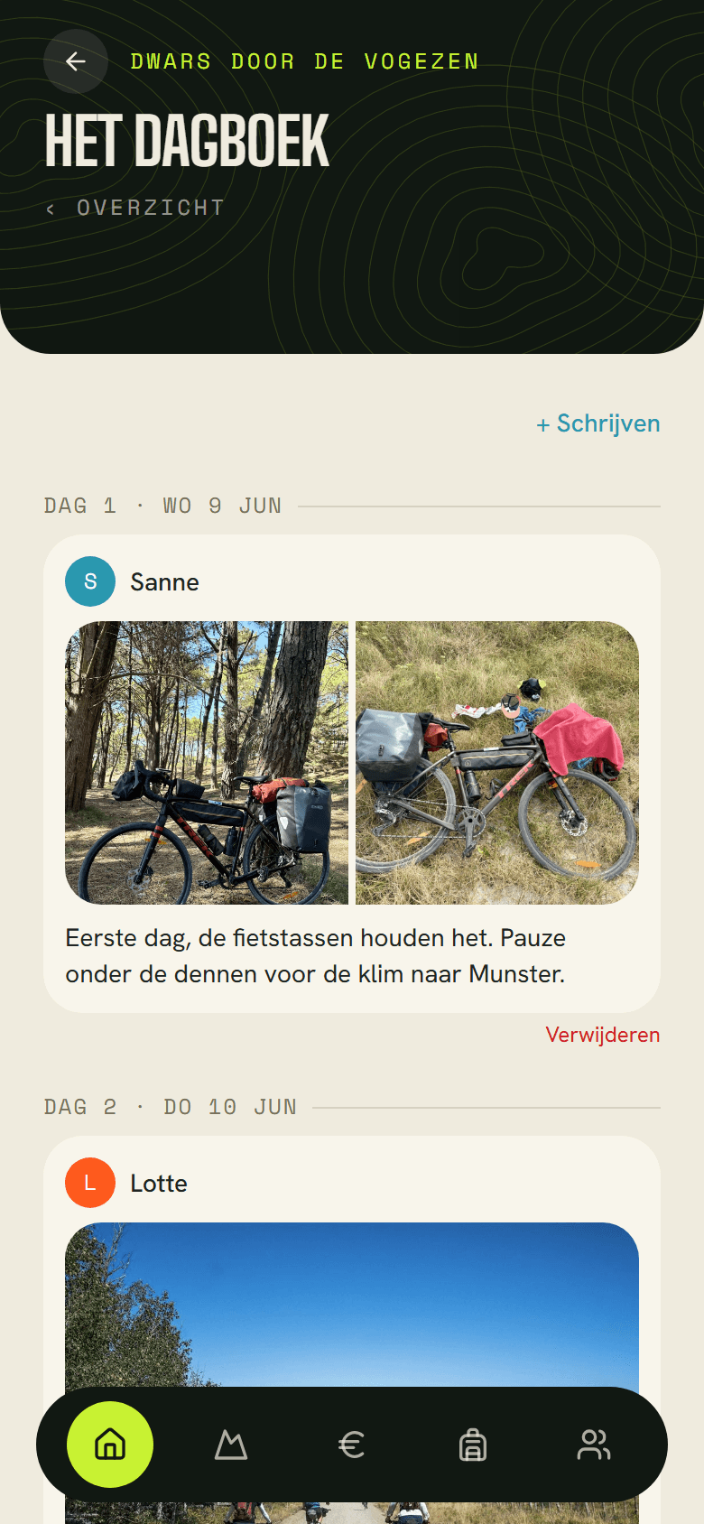 Het reisdagboek: foto's en een paar regels van de leden, dag per dag.